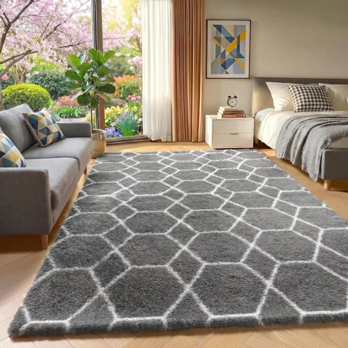 Miniatura 32 de ONASAR Alfombras de área para sala de estar y dormitorio, alfombra esponjosa lavable de 5x8 pies gris y blanca, alfombra de piso suave, afelpada