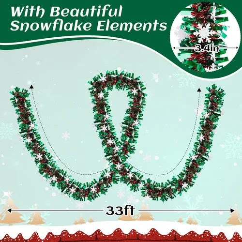 Miniatura 7 de Guirnalda de oropel de copo de nieve de Navidad - Guirnalda metálica gruesa verde de 33 pies para decoración de árbol de Navidad, decoraciones