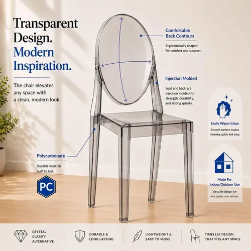 Miniatura 4 de 2xhome - Victoria Style Ghost - Silla auxiliar de acrílico transparente (humo), individual, juego de 1