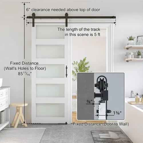 Miniatura 3 de SMARTSTANDARD - Puerta de granero de vidrio de 28 x 84 pulgadas con kit de herrajes deslizantes de 5 pies y asa, preperforada lista para montar