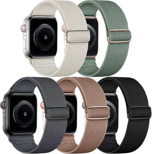 Miniatura 24 de 5 Pack de bandas elásticas de nylon compatibles con Apple Watch de 40 mm, 41 mm, 42 mm, 44 mm, 45 mm, 46 mm, 49 mm, 38 mm para mujeres y hombres