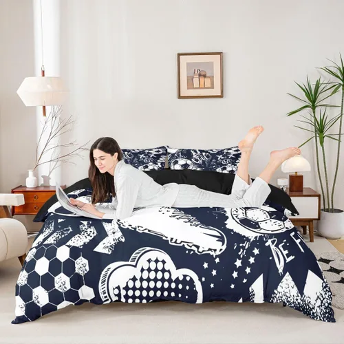 Miniatura 3 de Erosebridal Funda de edredón para niños, tamaño individual, funda de edredón de fútbol para jugadores, juego de ropa de cama con grafiti fresco
