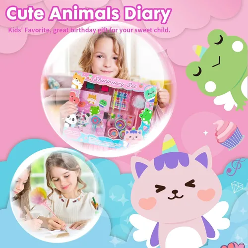 Miniatura 6 de Diario de animales para niñas con cerradura, juego de papelería de animales con diario secreto, sellos, bolígrafos, cuaderno de diario, regalo