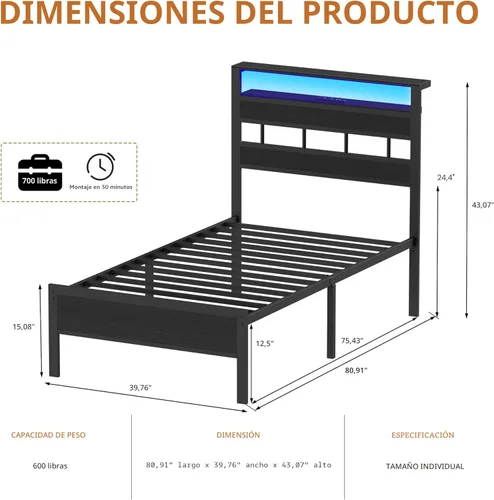 Miniatura 8 de Furnulem Base de cama individual con estación de carga y luces LED, cama de plataforma de tamaño individual con listones de metal, cabecera de Roble