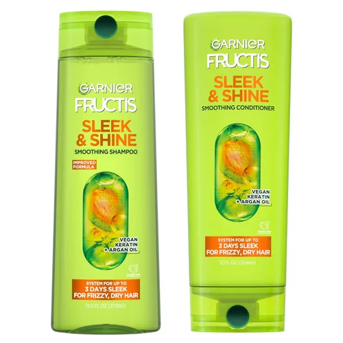 Garnier Fructis Sleek & Shine Champú (22 onzas líquidas) + Acondicionador (21 onzas líquidas) Set para cabello encrespado y seco, Queratina vegetal