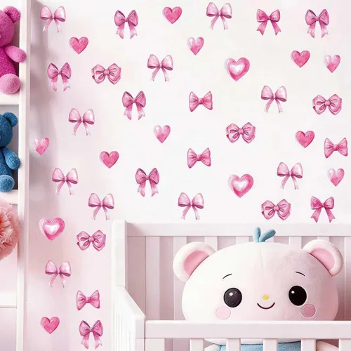 Miniatura 4 de Arawat 48 piezas de decoración de moño rosa para baño y dormitorio, calcomanías de pared de lazo y calcomanías para decoración de habitación
