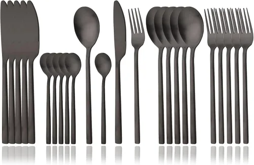 Miniatura 11 de JASHII Juego de cubiertos cepillados, juego de cubiertos de acero inoxidable de 24 piezas, servicio para 6, cuchillo mate, tenedor, cucharas