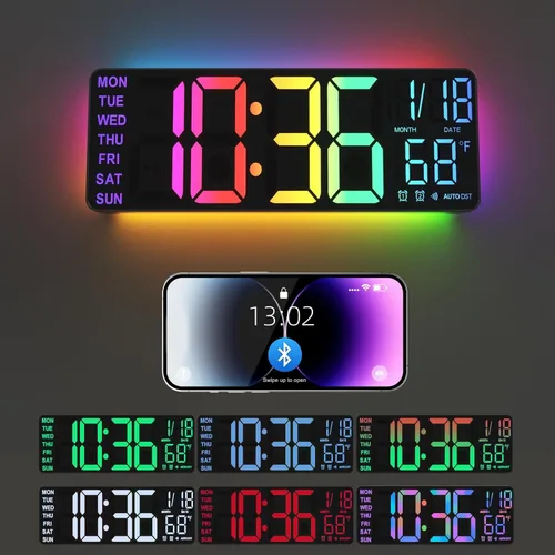 YISILE Reloj de pared digital de 13 pulgadas con luz nocturna, 8 colores RGB, alarmas dobles con pantalla grande, atenuador, DST automático, control