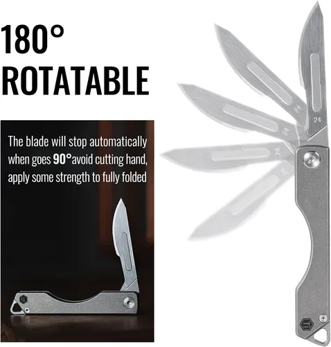 Miniatura 5 de KeyUnity KK01 Cuchillo plegable de titanio, cuchillo de bolsillo EDC con hoja reemplazable #24, para caza al aire libre, campamento, pesca
