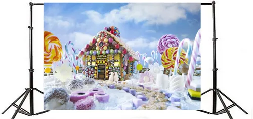 Miniatura 3 de AOFOTO Telón de fondo de casa de jengibre de 5 x 3 pies, bastón de caramelo, piruleta, paleta de azúcar, fondo de fotografía, decoración de fiesta