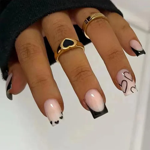 Miniatura 13 de Uñas postizas verdes a presión - Uñas falsas cortas cuadradas con purpurina dorada y diseños de remolino, acabado brillante, uñas postizas acrílicas