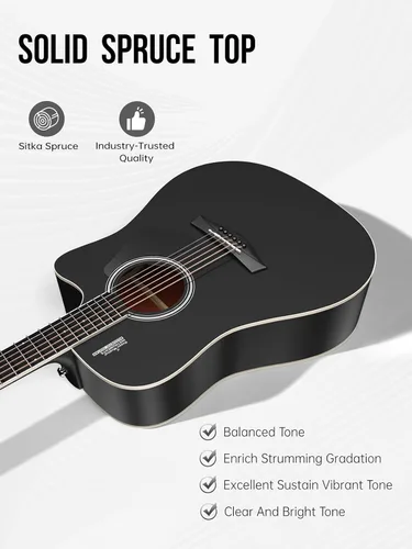 Miniatura 2 de Rosen Guitarra acústica Dreadnought de tapa sólida de 104 cm con abeto, para principiantes, con libro, bolsa acolchada, cuerdas, púas, llave Negro