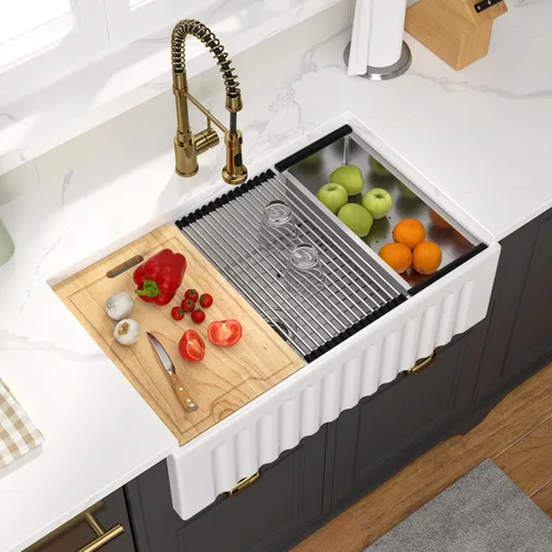 Miniatura 12 de Fregadero de 33 unidades de arcilla refractaria de 33 x 20 x 10 pulgadas, color blanco, fregadero de cocina de porcelana de cerámica, estilo casa