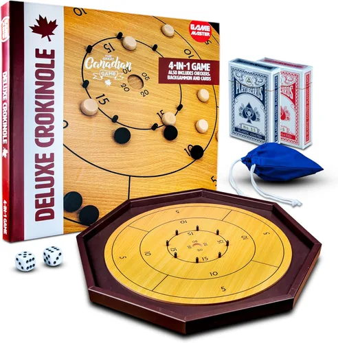 Tradeopia Juego de mesa de Crokinole 4 en 1, tablero de ajedrez, damas y backgammon, juego de herencia canadiense para amigos y familiares, el juego