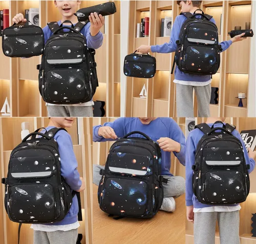 Miniatura 6 de Mochila JiaYou con patrón espacial de la galaxia para niños, primaria, escuela media, mochila de día para hombres, mochila para portátil