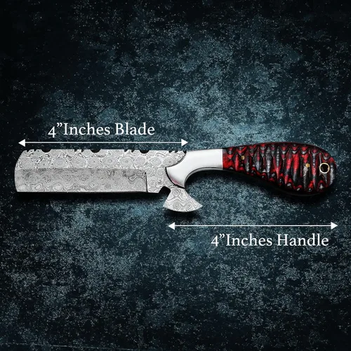 Miniatura 6 de 8" Cuchillo de corte de toro de Damasco hecho a mano con funda de cuero - Cuchillo de vaquero occidental para caza, despellejado, acampada y Rojo