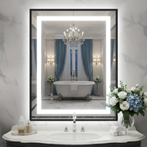 Miniatura 46 de Espejo de baño LED de 24 x 32 pulgadas con luces, espejo de tocador de baño con marco negro con luz frontal + retroiluminación para pared, vidrio