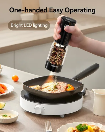 Miniatura 4 de TOMEEM Juego de molinillo eléctrico de sal y pimienta, recargable con indicador de alimentación LED, molienda ajustable de 5 niveles, luz LED, Negro