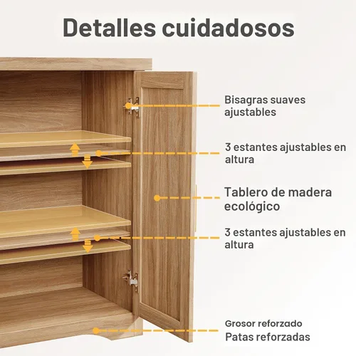 Miniatura 4 de Memobarco Aparador Acanalado con Almacenamiento, Credenza Moderna con 4 Puertas y Estantes Ajustables, Consola de Mesa de Bar de Café de Madera