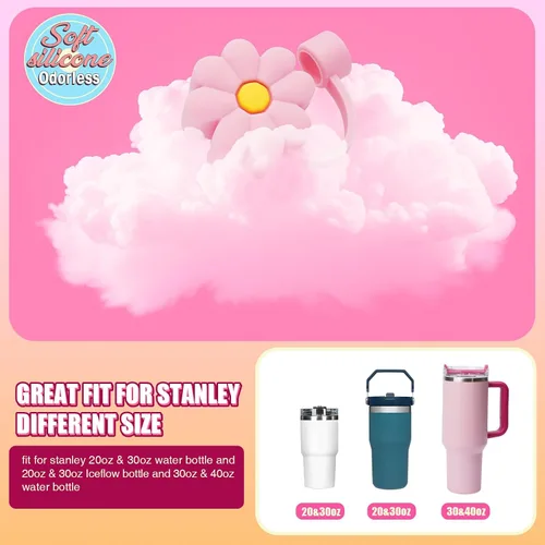 Miniatura 6 de Juego de accesorios compatibles con Stanley Cup, incluye 2 tapones de silicona a prueba de derrames, 6 piezas de decoración de pétalos para vaso