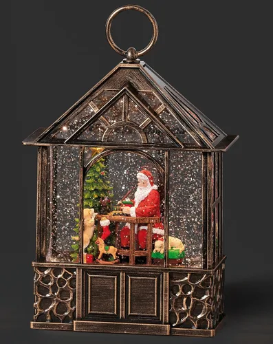 Roman Cenador de remolino iluminado de 11 pulgadas de alto con Santa pintando un tren de juguete Confetti Lites, decoración navideña