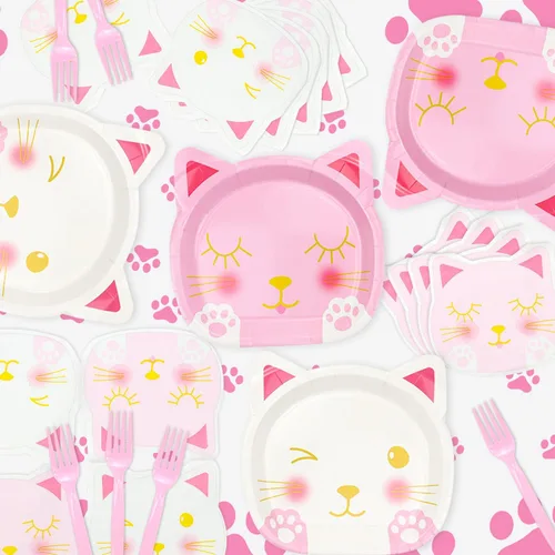 Miniatura 7 de 81 piezas de decoraciones de fiesta de cumpleaños de gatos, incluyendo platos de gato rosa y blanco, servilletas para mascotas y mantel MEOW
