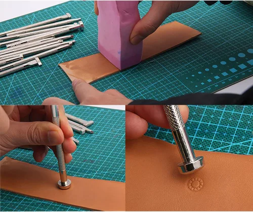 Miniatura 5 de Kit de herramientas de estampado de cuero, juego de punzones de cuero de diferentes formas, kit de herramientas de tallado de cuero con martillo