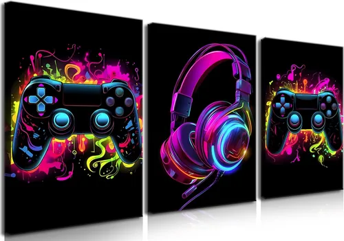 Miniatura 8 de BGFCE Arte de Lienzo de Pared para Gaming, Pinturas de Arte de Controlador de Juego con Salpicaduras de Tinta de Color, Pósteres para Estética