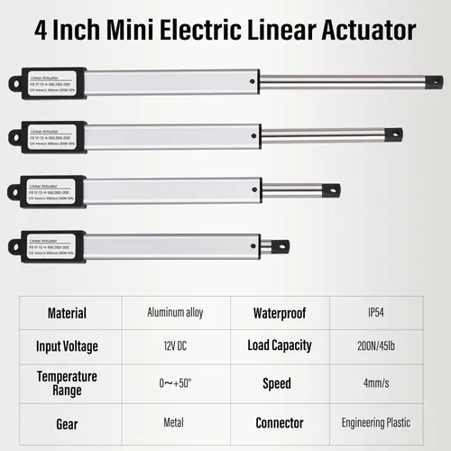 Miniatura 2 de Mini Actuador Lineal Eléctrico 12V, Actuador Lineal Impermeable de Carrera de 4", Velocidad 4mm/s, 200N/45lb, con Soportes de Montaje para Coche RV