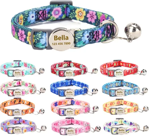Miniatura 16 de Collar de gato con nombre de identificación, placa de número de teléfono, patrón floral grabado personalizado, collar de gatito con campana, azul a