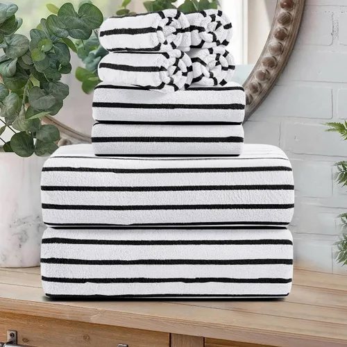 Miniatura 33 de Juego de 8 toallas de baño grandes a rayas estilo cabana color verde militar - Sábana de baño extragrande - 2 toallas de baño, 2 toallas de mano, 4