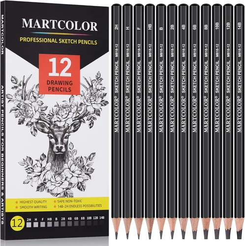 MARTCOLOR Juego de lápices de dibujo, 12 lápices de grafito (14B - 2H), ideal para dibujar arte, bocetos, sombreado, lápices de artista para