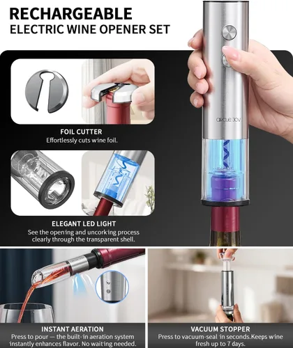 Miniatura 3 de CIRCLE JOY Juego de abridor eléctrico de botellas de vino de acero inoxidable, recargable, 8 en 1, juego de regalo de vino con base de carga, Plata