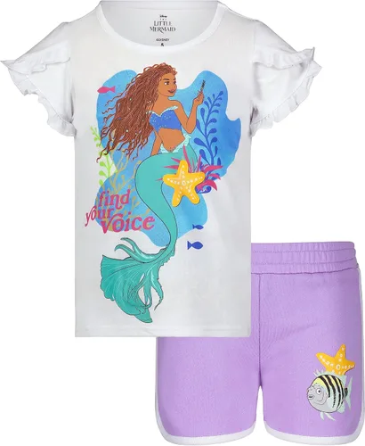 Disney The Little Mermaid Princess Ariel - Conjunto de camiseta de manga corta y pantalón corto a juego para niñas, color morado y blanco