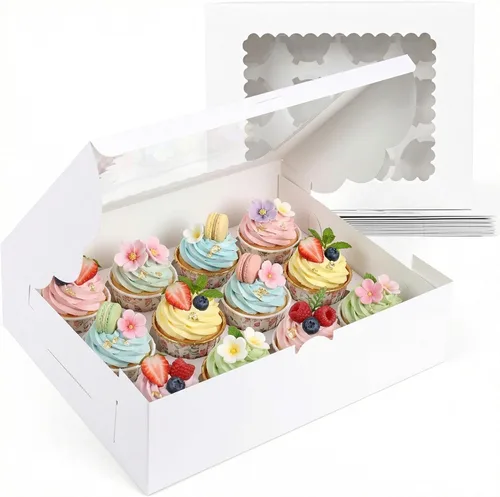 Miniatura 13 de VGOODALL 12 Cajas para Cupcakes, 12PCS Portacupcakes con Ventana Cajas Blancas de Pastelería para Cumpleaños Fiestas Navideñas Suministros