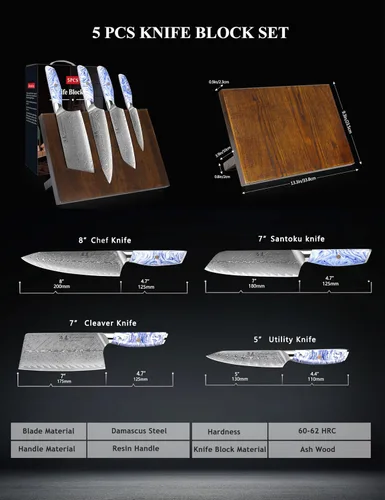 Miniatura 4 de SHANGDAO Juego de cuchillos de cocina de Damasco con bloque magnético para cuchillos, 5 cuchillos de cocina afilados hechos de acero japonés