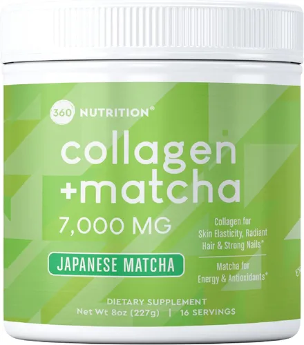 360 Nutrition Polvo de péptidos de colágeno hidrolizados Matcha, té verde matcha japonés para la salud intestinal, apoyo articular, energía, piel y