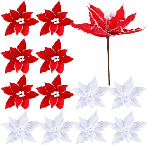 Miniatura 13 de Zeyune 6 Piezas Flores de Pascua Azules de Navidad Artificiales Grandes Espinas de Pascua Falsas Flores de Franela con Borde Helado para Adornos