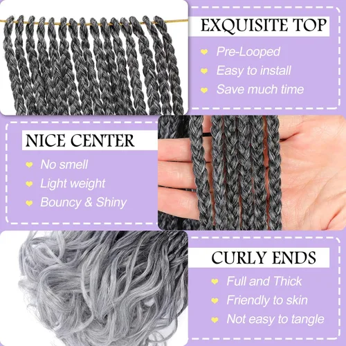 Miniatura 3 de Trenzas de ganchillo rizadas francesas de 22 pulgadas, 8 paquetes, trenzas de caja diosa grises para mujeres, de ganchillo pre-trenzadas con Trenzas