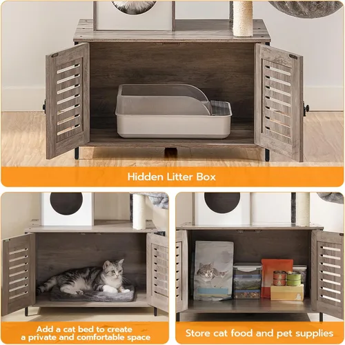 Miniatura 6 de HOOBRO Árbol para gatos con recinto para caja de arena, 27.6" L x 18.9" A x 52" Al, Torre de madera para gatos todo en uno, Muebles para gatos