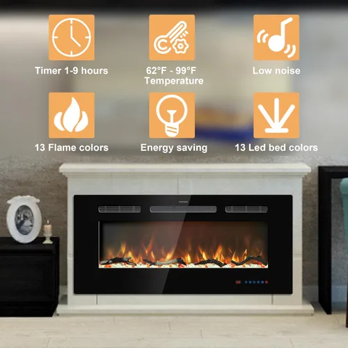 Miniatura 5 de Insertos de chimenea eléctrica de 50 pulgadas, chimenea eléctrica empotrada y de pared, chimenea lineal con termostato, pantalla táctil y control