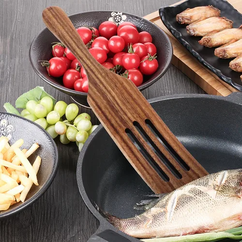 Miniatura 8 de Espátula larga de madera para cocinar, utensilios de cocina antiarañazos de 12.2 pulgadas, espátula de madera natural con mango ergonómico