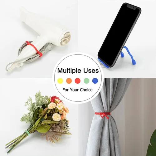 Miniatura 5 de 20 bridas de silicona para cables, reutilizables, de goma, flexibles, con núcleo de acero, para agrupar y sostener, ataduras multiusos