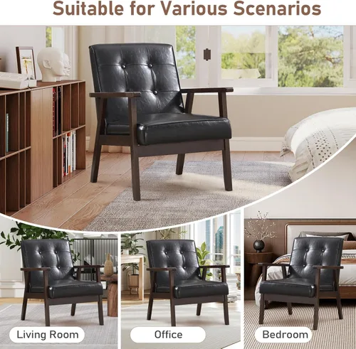 Miniatura 5 de Bonzy Home - Sillón de acento de cuero sintético estilo mitades de siglo moderno para sala de estar Silla con estructura de madera sólida y Negro