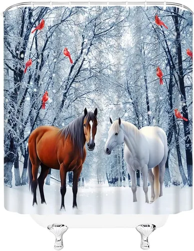 Miniatura 2 de Cortina de ducha de invierno de Navidad, caballos, pájaros rojos, escena de nieve, feliz año nuevo, decoración de baño, juego de cortinas con ganchos