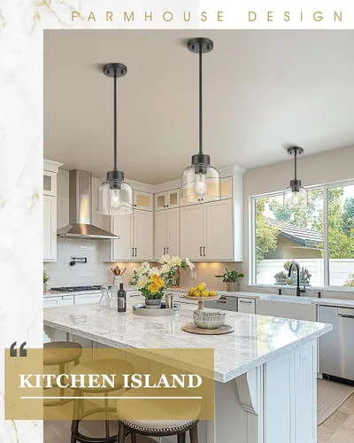 Miniatura 4 de Luces Colgantes Negras para Isla de Cocina, Accesorios de Luces Colgantes de 7" con Pantalla de Vidrio Transparente, Iluminación Colgante Moderna
