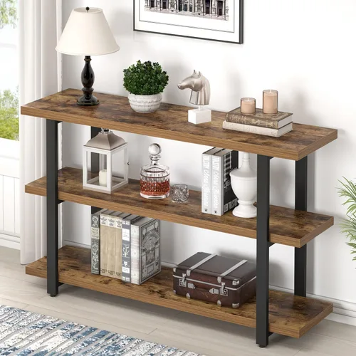 Miniatura 12 de FOLUBAN Mesas de consola para entrada, mesa de sofá moderna de madera y metal con estantes de almacenamiento para sala de estar, pasillo, entrada