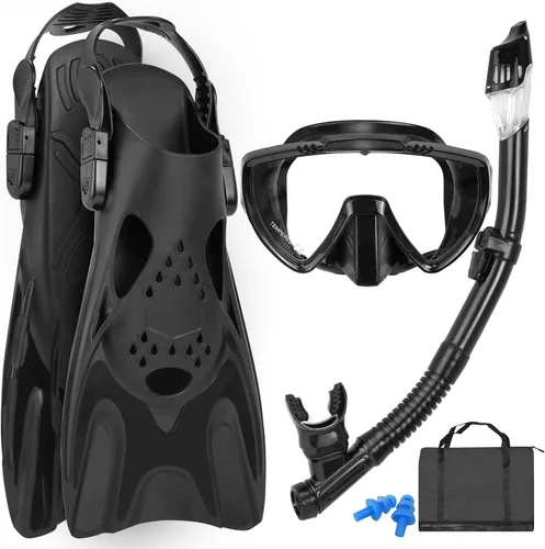 Snorkeling Gear for Adults, Mask Fins Snorkel Set, Panoramic View Diving Mask Anti-Fog, Anti-Leak, Dry Top Snorkel and Dive Flippers with Travel Bag