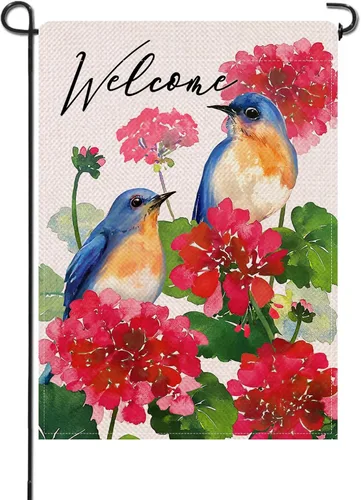 Artofy Bandera decorativa pequeña de jardín con flores de geranio para primavera y verano, decoración exterior de arpillera de temporada, decoración
