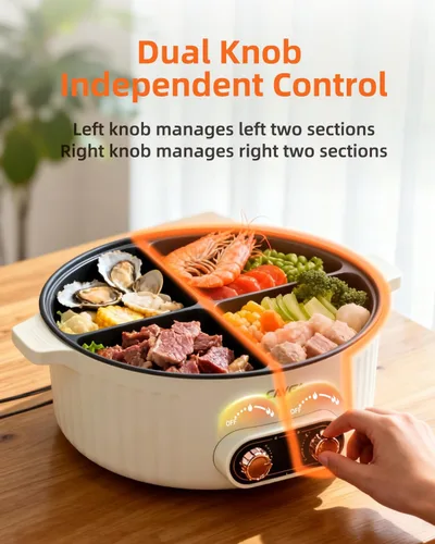 Miniatura 2 de Olla eléctrica con divisor, olla de 4 compartimentos, olla Shabu Shabu Shabu eléctrica de 2000 W con antiadherente, ollas calientes de 5 cuartos